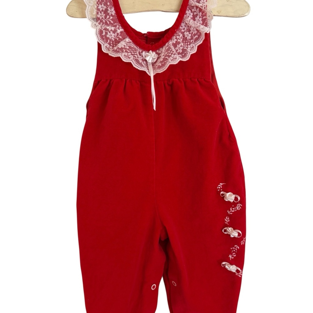 Vintage - Red Velvet - Lace Trimmed - Toddler Girls - One Piece